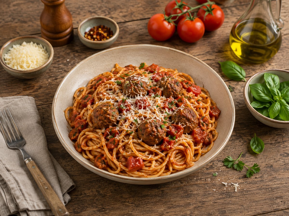 Frikadeller i tomatsauce med pasta