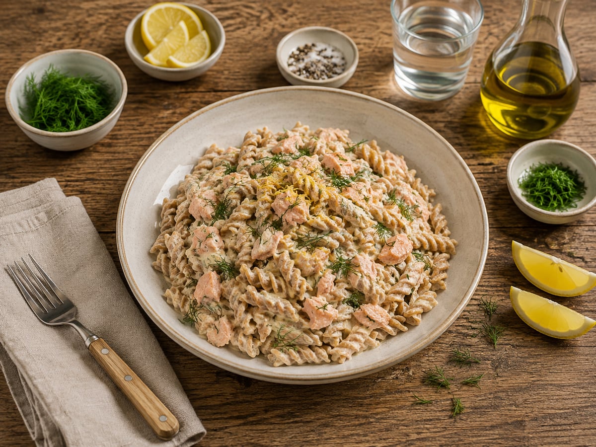 Fuldkornspasta med laks og dild