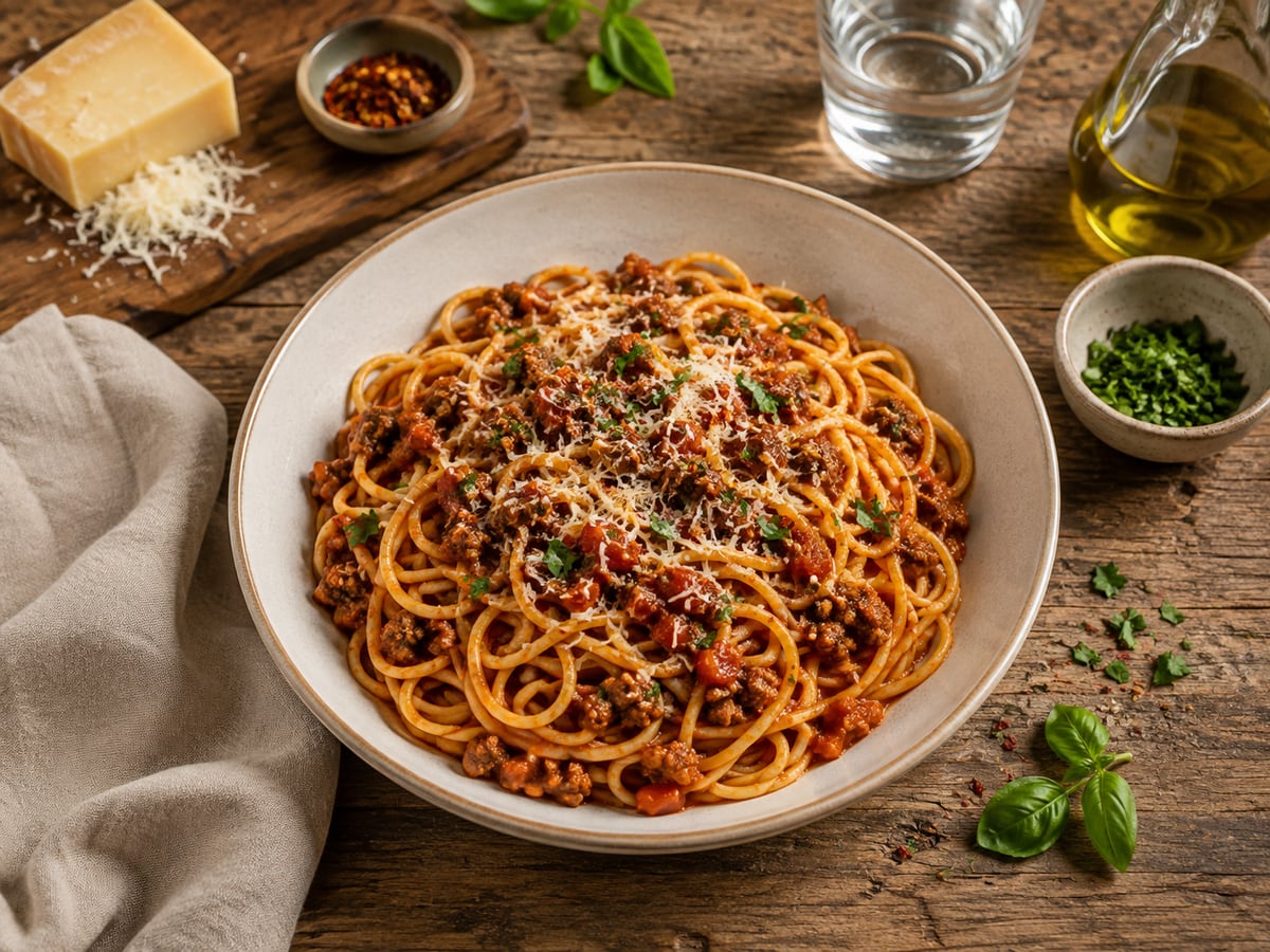 Hurtig pasta med pastasauce og kød