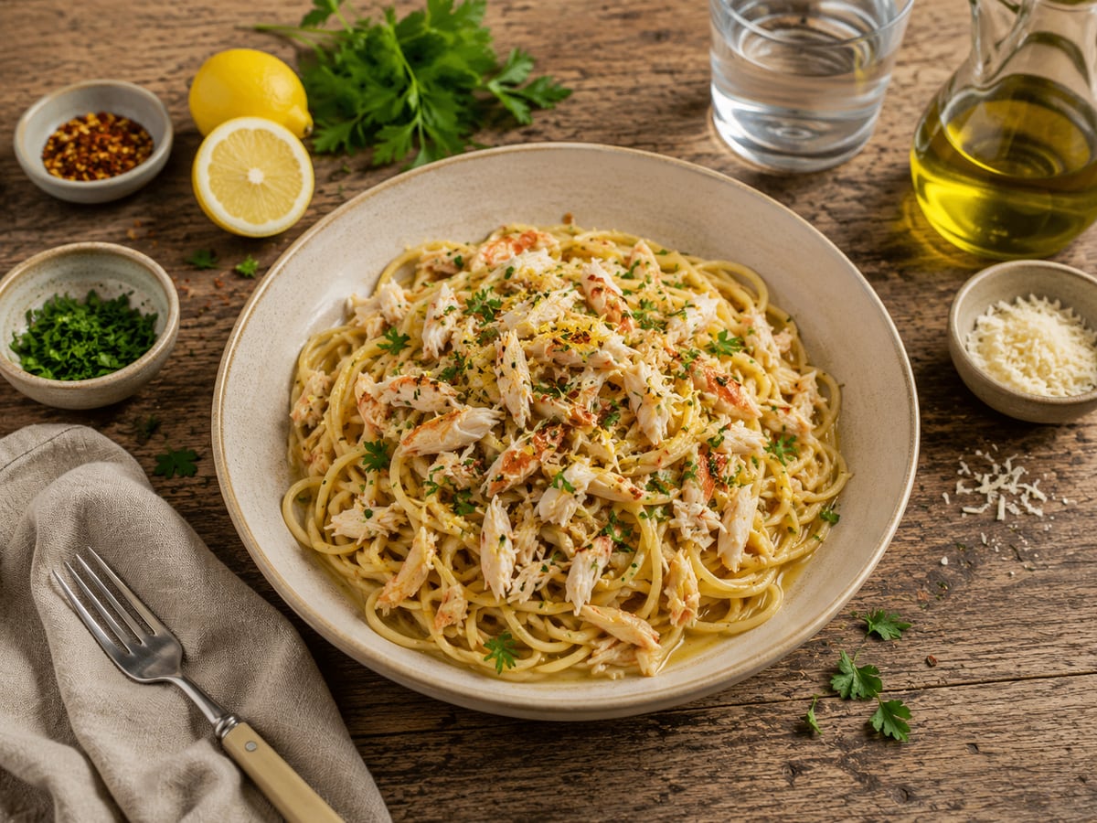 Krabbepasta med citron og persille