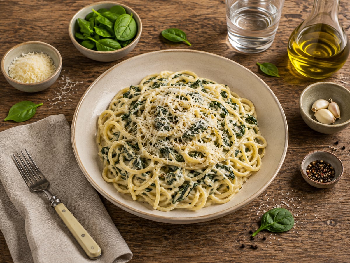 Pasta med mascarpone og spinat